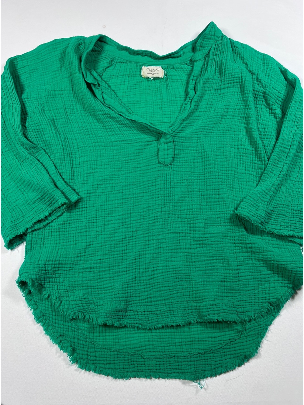 9SEED Resort Green Gauze Raw Edge Blouse M/L